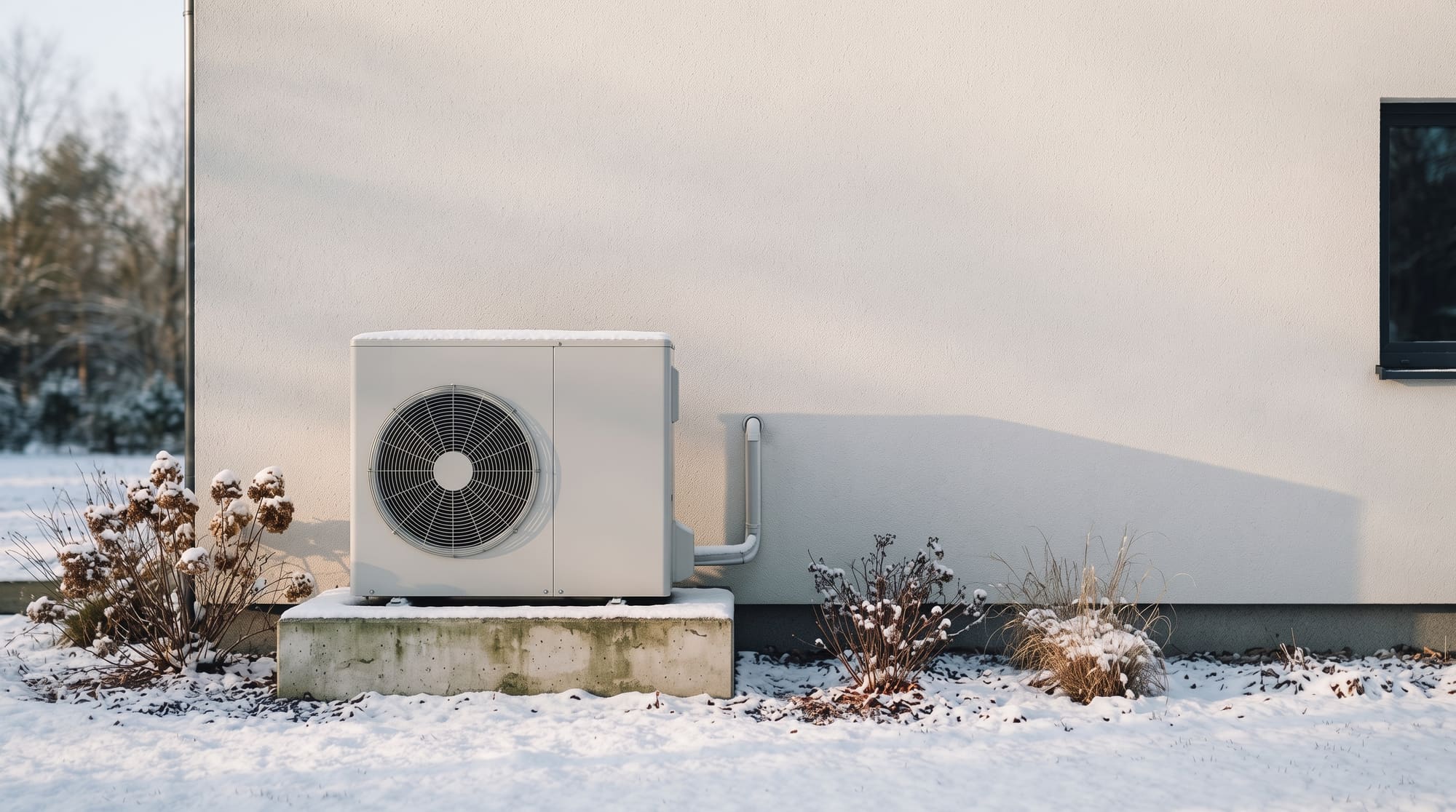 Außeneinheit einer Wärmepumpe auf einem Betonsockel neben der verputzten Seitenwand eines Einfamilienhauses, im frischen Schnee, im Licht eines Winternachmittags