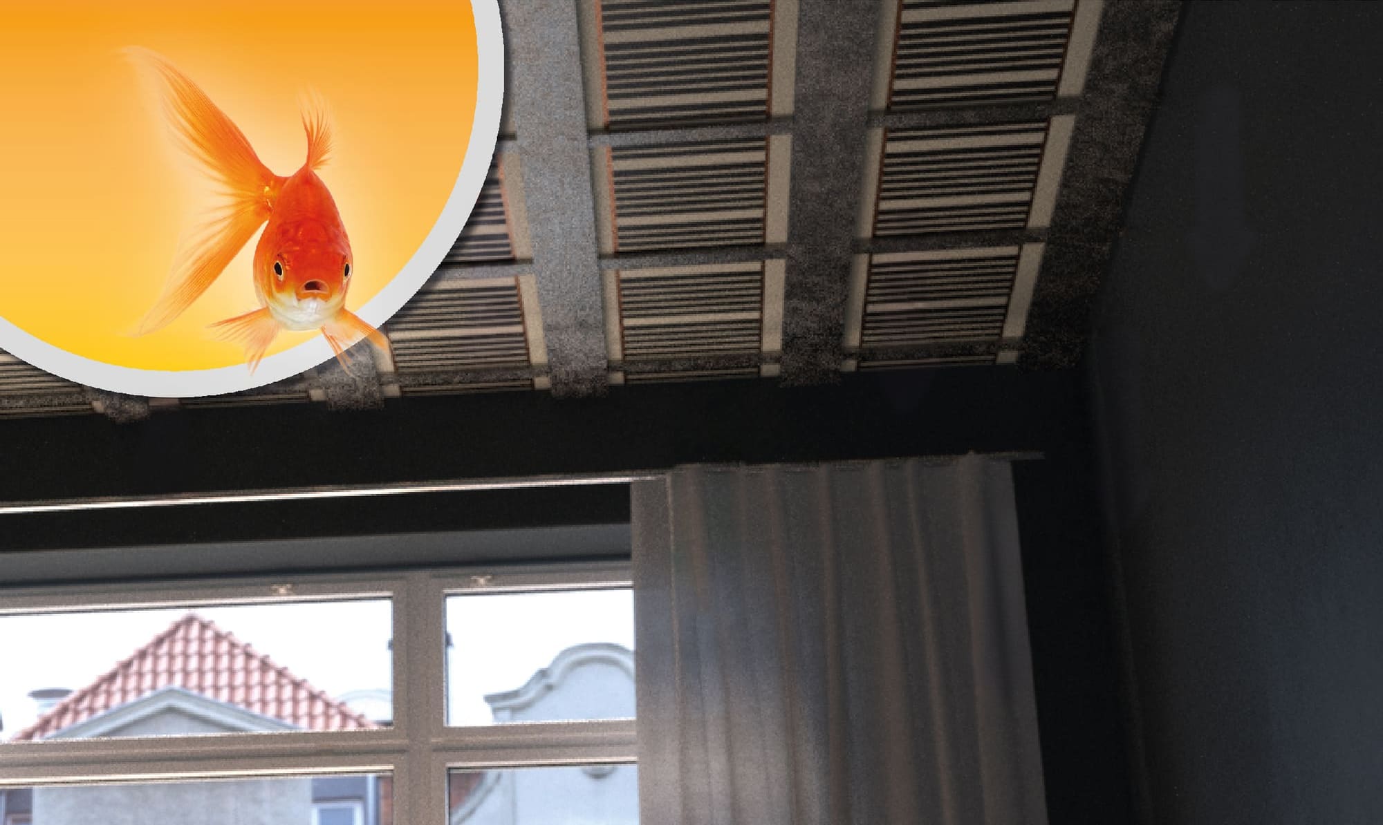 Schema der Deckenheizung von Fűtőfólia: Zimmer mit in die Decke eingebauten Heizfolienfeldern und nach unten gerichteten Wärmepfeilen