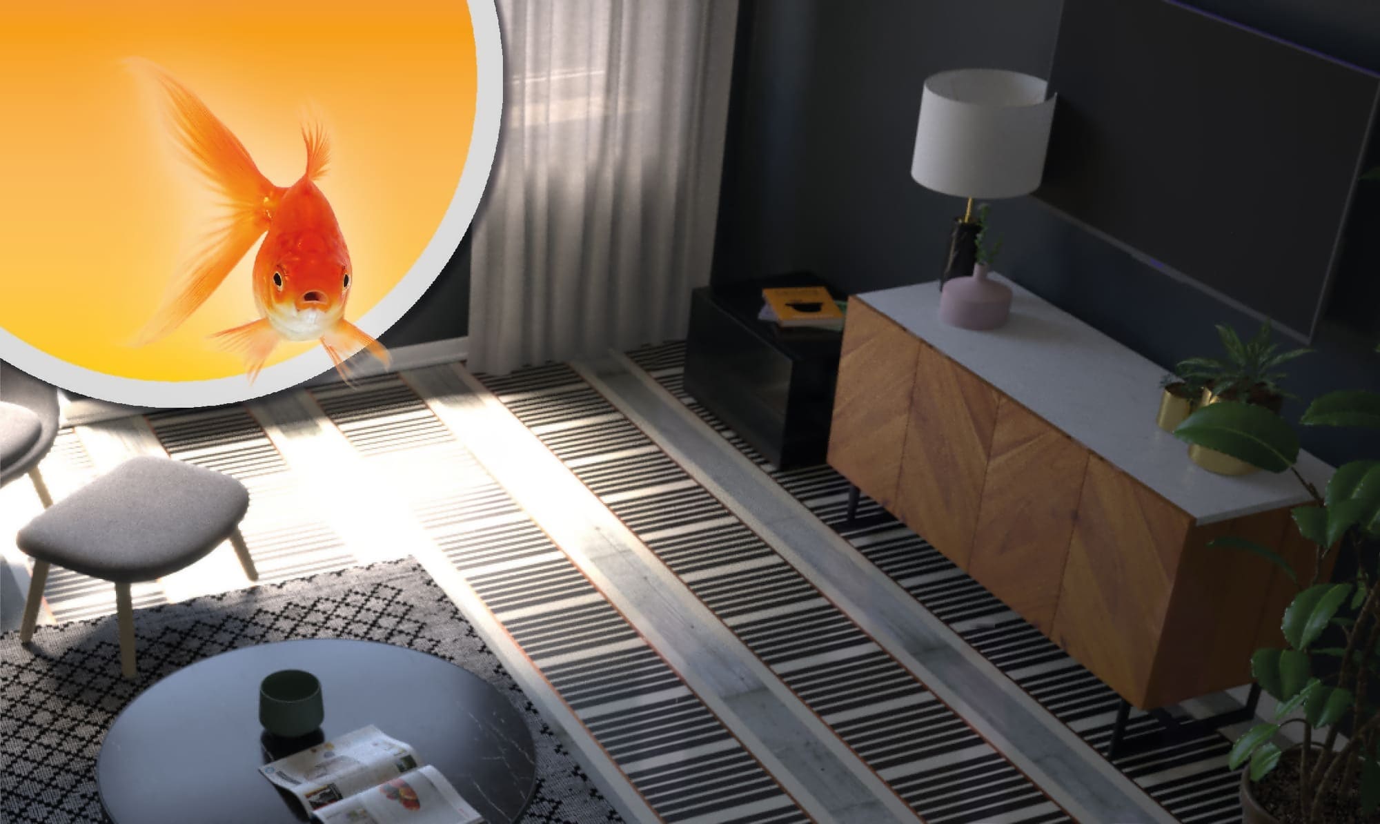 Fűtőfólia underfloor-heating diagram: a living room, with strips of heating film laid under the floor and heat arrows pointing upwards