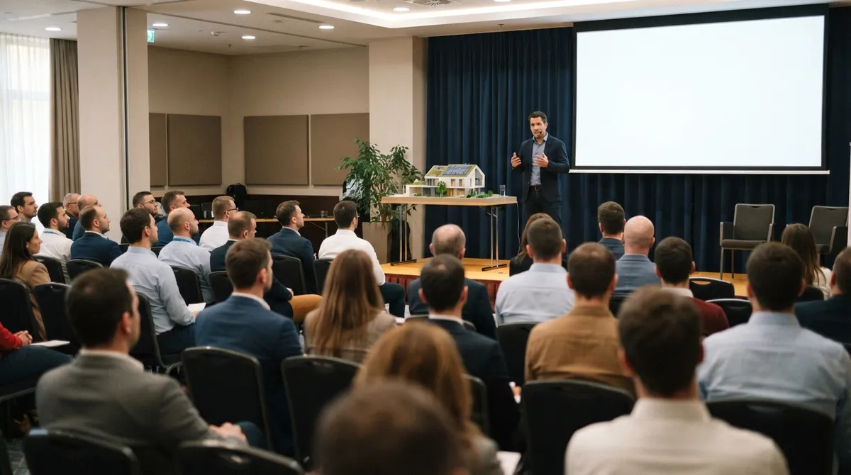Energiahatékonysági konferencia szállodai teremben: hátulról látható közönség, a színpadon előadó egy napelemes házmakett mellett
