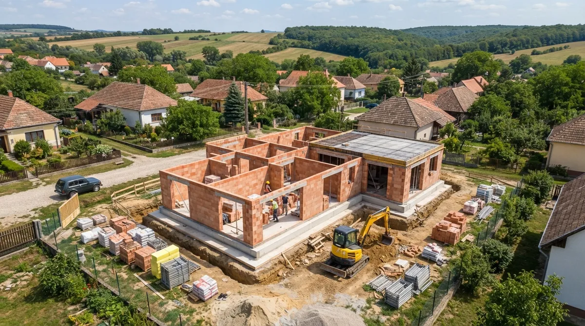 Épülő családi ház falai felülnézetből, körülötte építőanyagok és munkagép egy lakóövezetben