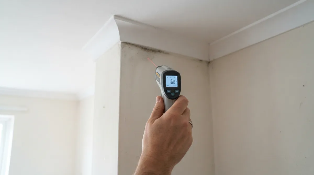 Kézben tartott infrahőmérő egy szobasarokban, a mennyezet és a fal találkozásánál