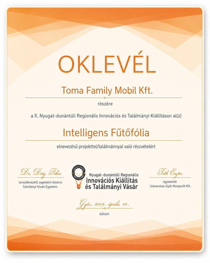 Oklevél – Innovációs Kiállítás és Találmány