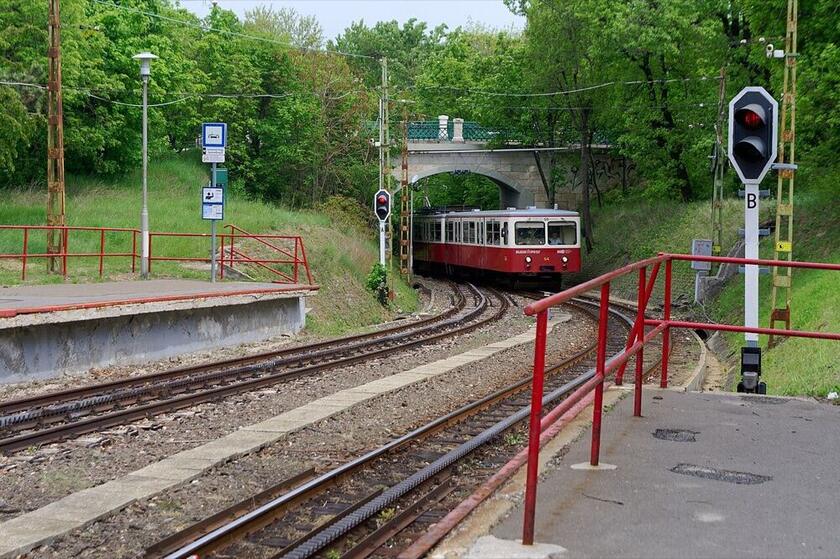 A fogaskerekű vasút szerelvénye az erdős pályán, Budapest XII. kerület