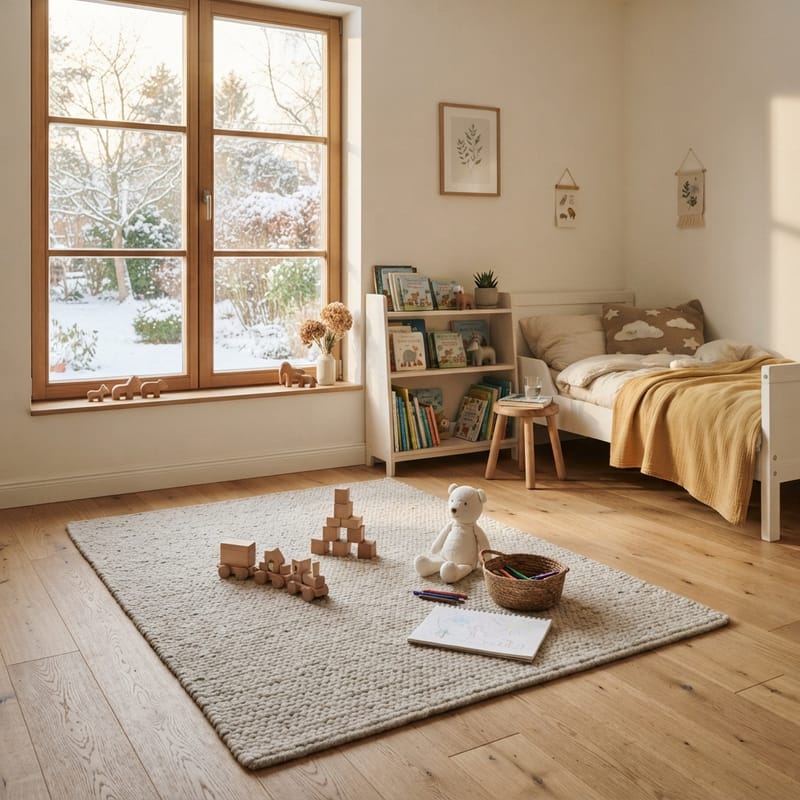 Sunny children's room on a winter afternoon: light wooden floor, rug, toys and crayons on the floor, a snowy garden outside