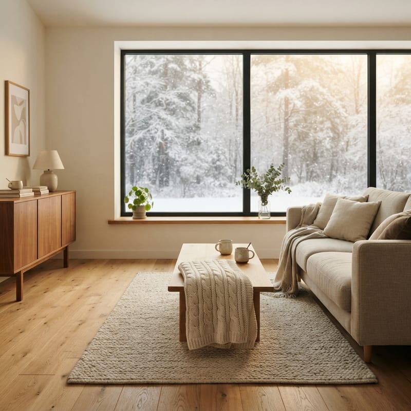 Living room in warm light on a winter afternoon: wide wooden floor, a low table with mugs and a blanket, snow falling outside the window