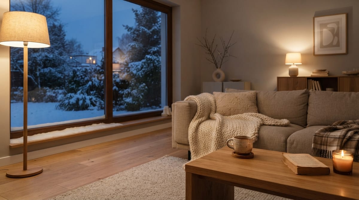 Warmes Wohnzimmer an einem Winterabend, vor dem Fenster ein verschneiter Garten
