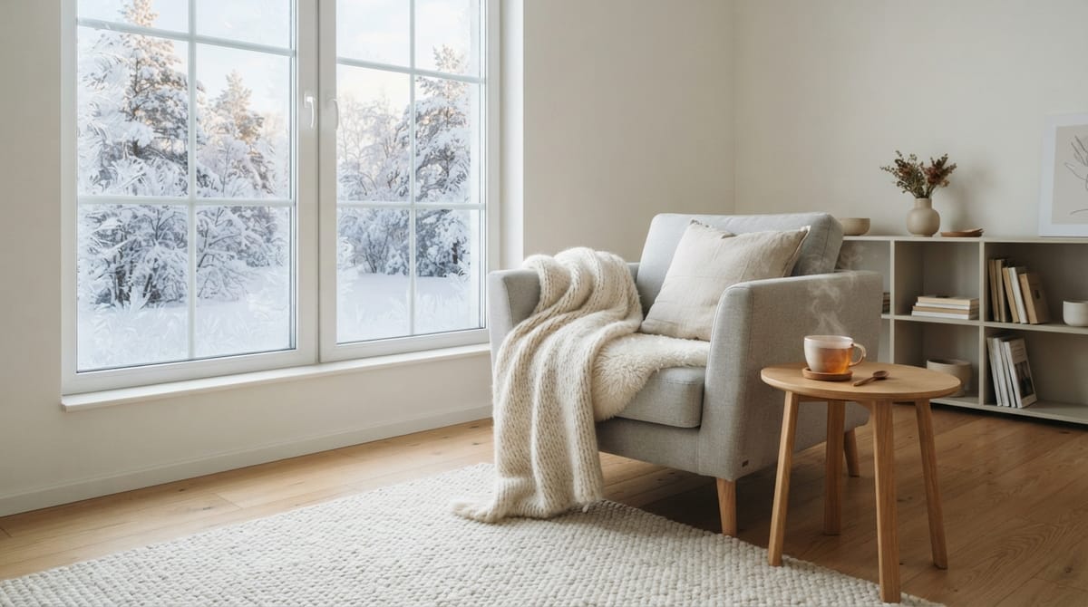 Helles Wohnzimmer an einem Wintermorgen, Sessel mit Decke neben dem beschlagenen Fenster