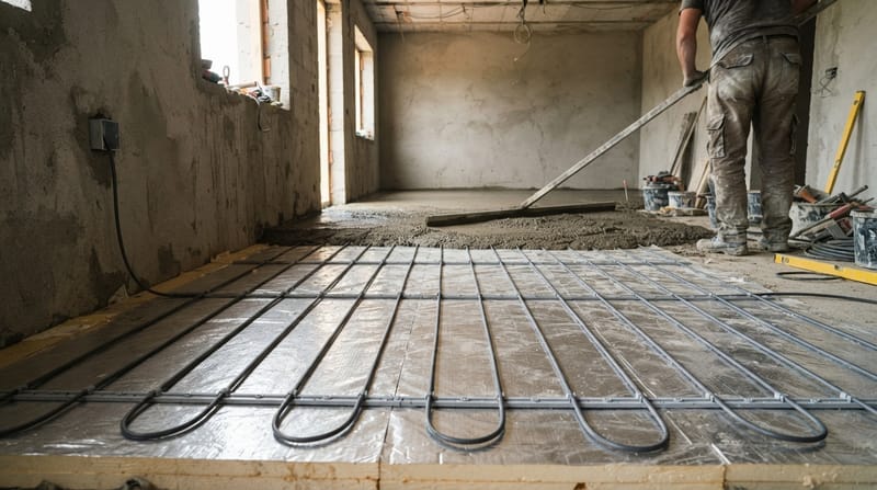 Vékony elektromos fűtőkábel párhuzamos sorokban, rögzítősínen, a szoba túlsó felén már esztrich borítja