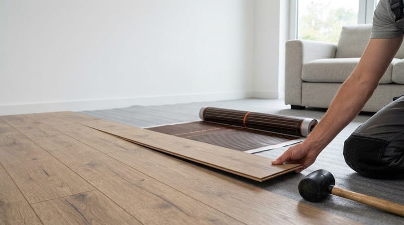 Fűtőszőnyeg laminált padló alá fektetve, a burkolat már részben a helyén
