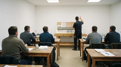 Gyakorlati képzés: a résztvevők egy padlófűtési rétegrend-bemutató körül, hátulról fotózva