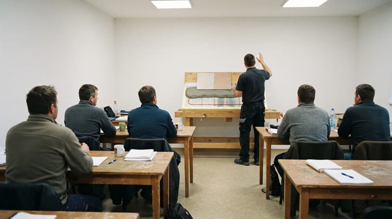 Gyakorlati képzés: a résztvevők egy padlófűtési rétegrend-bemutató körül, hátulról fotózva