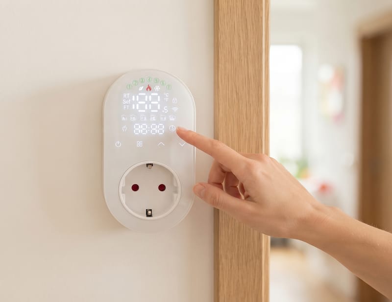 Termosztát a falon, kéz nyúl a kezelőfelület felé