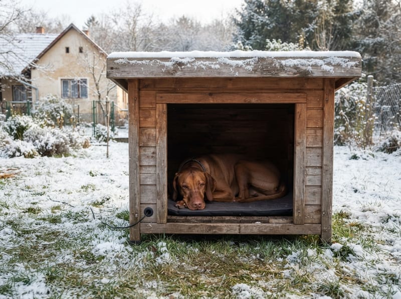 Kutya pihen a fűtött fekhelyen egy fa kutyaházban, télen