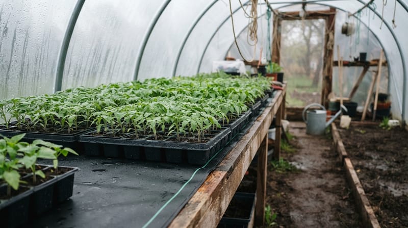 Palántanevelő fóliasátor: fűtött asztalon sorakozó palántatálcák