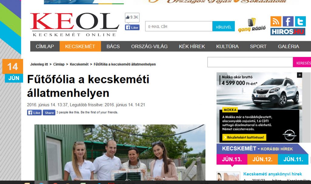 Screenshot of the Kecskemét Online news item about the heating film heating at the Kecskemét animal shelter